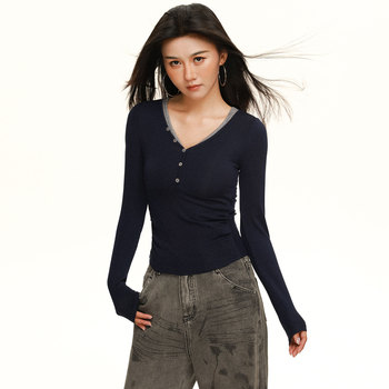 European Style V-Neck Button-Up Long-Sleeve T-Shirt for Women, New Autumn and Winter Design, Unique Lyocell Tencel Waist-Cinching Slimming Top