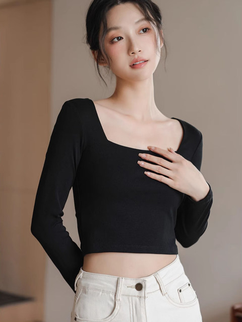 Korean Style Square Neck Long-Sleeve T-Shirt for Women, New Spring and Autumn Model, Waist-Cinching, Slimming, Short, Belly-Baring Base Shirt Top