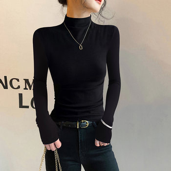 American-Style Half-High Collar Base Layer T-Shirt for Women, Suitable for Autumn and Winter, with a Stylish Design, Tight-Fitting, Slimming, Long-Sleeved, Fashionable Top