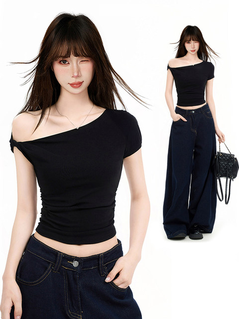 Black Asymmetrical Shoulder Twist Short-Sleeve T-Shirt for Women, Summer American Style, Slim Fit, Waist-Cinching, Slimming, Short Off-Shoulder Top, Trendy