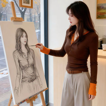 Stylish Faux Two-Piece Color-Block Long-Sleeve T-Shirt for Women, Autumn and Winter Niche Slim-Fit Slimming Base Layer Half-Open Collar Top