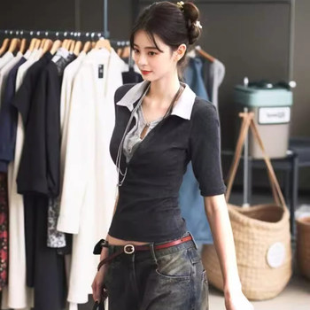 Fake Two-Piece Polo Collar Short-Sleeved T-Shirt for Women, New Summer Style, American Retro Lace Color-Blocking Slim-Fit Half-Sleeve Top