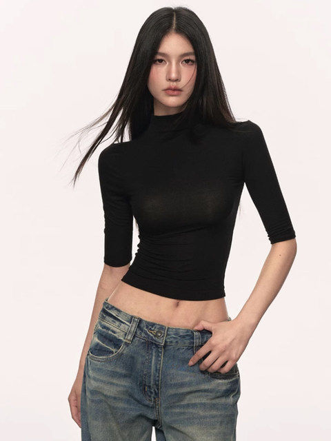 Half-High Collar, Mid-Sleeve, Tight-Fitting T-Shirt for Women, Spring and Autumn 2026 New Style, Slimming Half-Sleeve, Slim-Fit Five-Quarter Sleeve Top