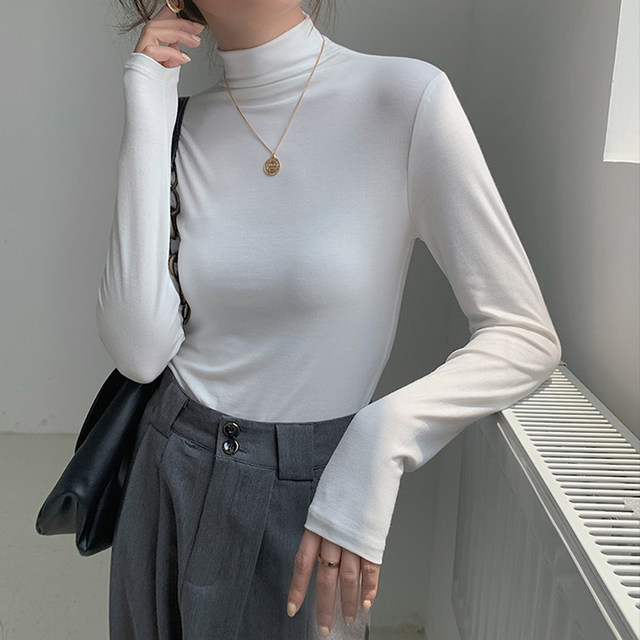 Autumn and Winter Thin Fleece Thermal Base Layer Modal Half-Turtleneck Brushed T-Shirt for Women, Slim Fit Layering Top Ins