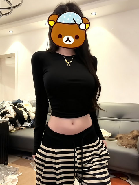 Pure Desire Hot Girl Style Long Sleeve T-Shirt for Women, Autumn and Winter Slim Fit Base Layer, Waist-Cinching Slimming Short Top