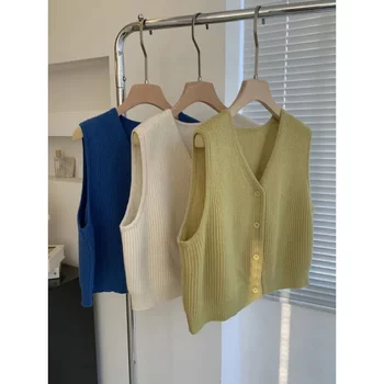 Retro style v-neck cardigan knitted vest for women spring, autumn, autumn and winter layered waistcoat short sweater vest jacket