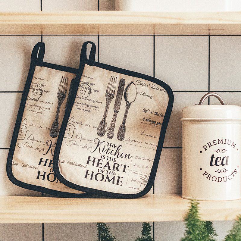 Nordic retro wind insulation high temperature resistant and burn-proof pure cotton canvas oven pan heat insulation mat microwave oven glove pair