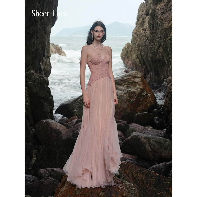 [Heartbeat Signal 8 Xu Rulan's Same Style] Sheeluck Wavy Lace Fishbone Strapless Mesh Dress
