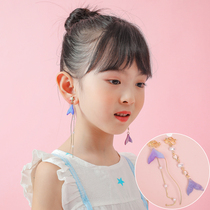 2021 New Tide childrens earrings ear clip anti pain without ear hole jewelry little girl mermaid long tassel earrings