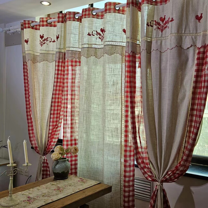 Southern French Town Pastoral Rooster 3D Embroidery Bamboo Linen Spliced Lace Red Check Semi-Blackout Bedroom Living Room Curtains