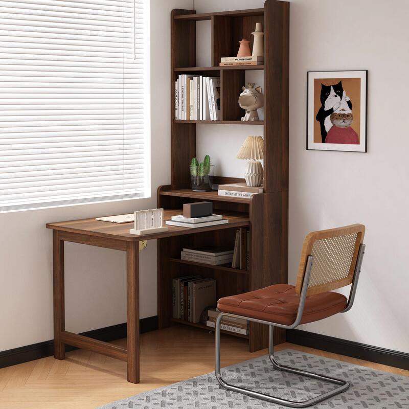 Solid Wood Folding Desk Bookshelf Integrated Small Apartment Living Room Study Office Computer Desk Study Bookcase Corner Table