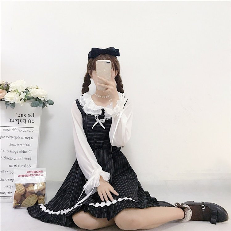 Mùa thu bow sọc A-line vest dress + ren vòng cổ dây đeo dài tay cơ sở voan áo sơ mi phù hợp với phụ nữ váy chữ a cho người béo