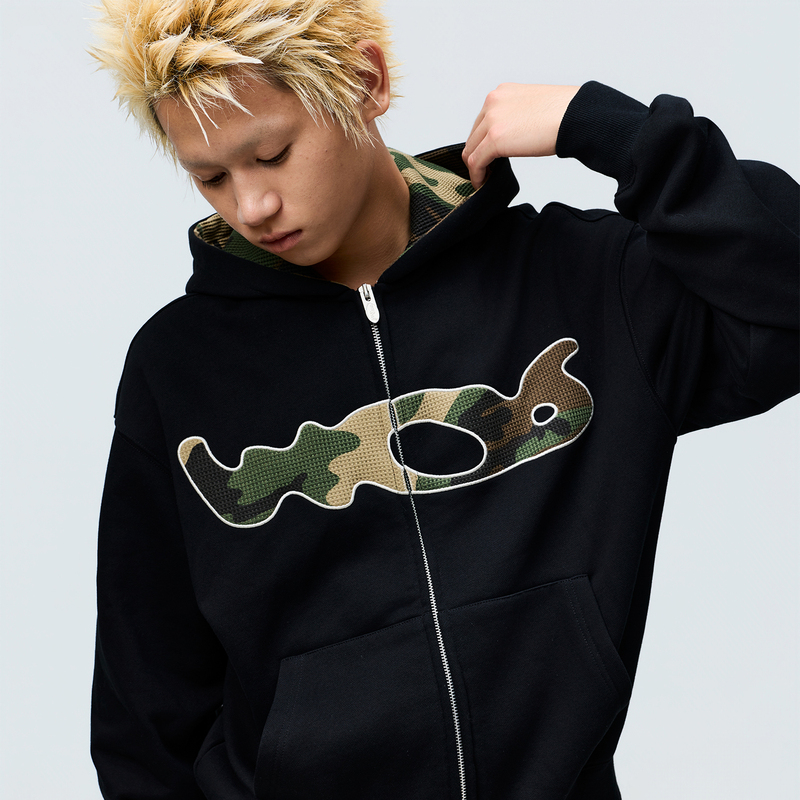 Whoosis (Unknown Name) Wos Patch-Edged Embroidered Hooded Sweatshirt Zipper Hoodie Spring and Autumn Loose Fit Unisex