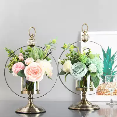 European-style light luxury metal ring glass candle holder vase novel fashion living room entrance TV cabinet decoration decoration