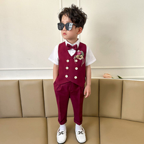 Summer boy dress red flower girl childrens suit suit baby 2024 new suit high-end boy presenter