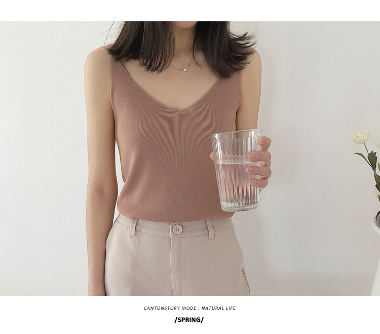 Chic đan sling nhỏ tươi áo bên trong v cổ đáy đơn giản băng lụa hoang dã vest nữ mặc mùa hè áo thun nữ đẹp