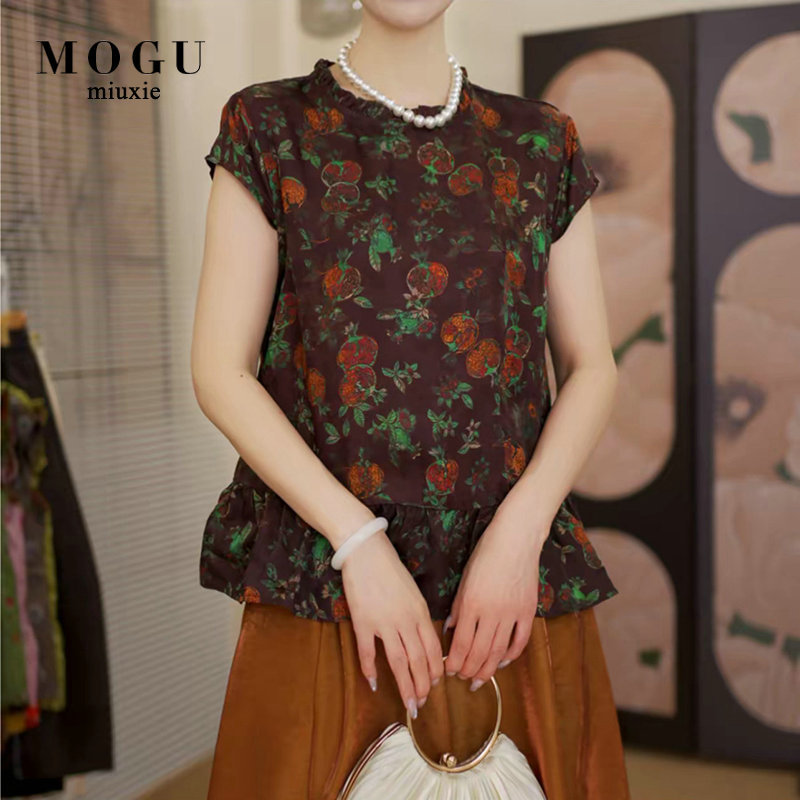 Summer New Chinese Style Ruffled Collar Printed Shirt Women's Loose Babydoll Shirt Commuting Casual Age-Reducing Top Summer New Chinese Style Ruffled Collar Printed Shirt Women's Loose Babydoll Shirt Commuting Casual Age-Reducing Top