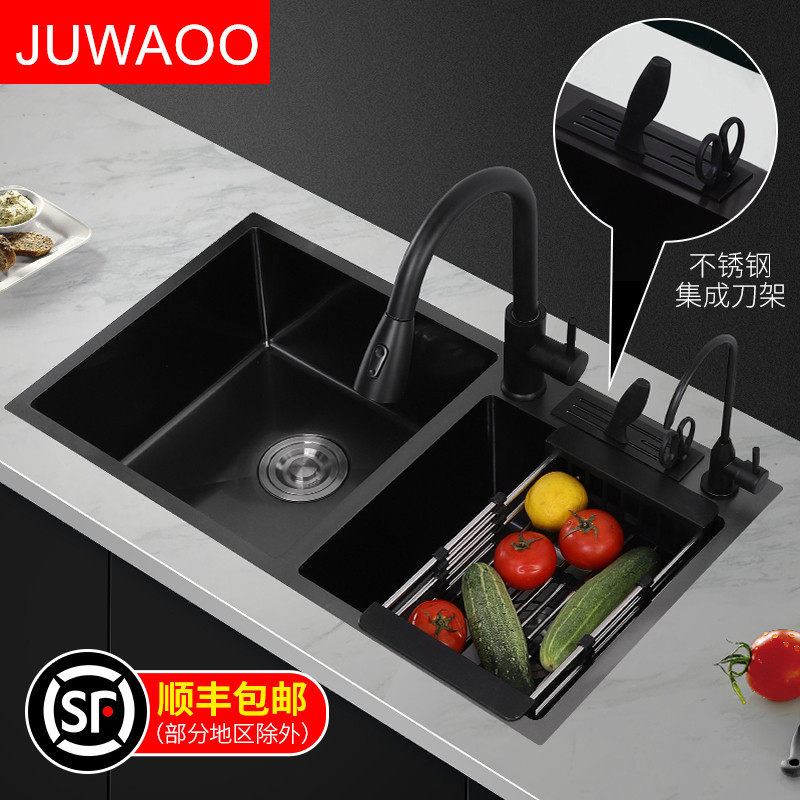 Sink double slot with knife holder black nano 304 stainless steel kitchen sink dish sink under the table household thickening