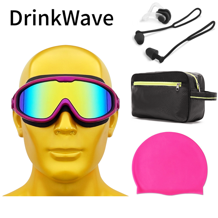Swimming goggles swimming cap set HD waterproof anti-fog electroplating large frame comfortable unisex swimming glasses earplugs nose clip