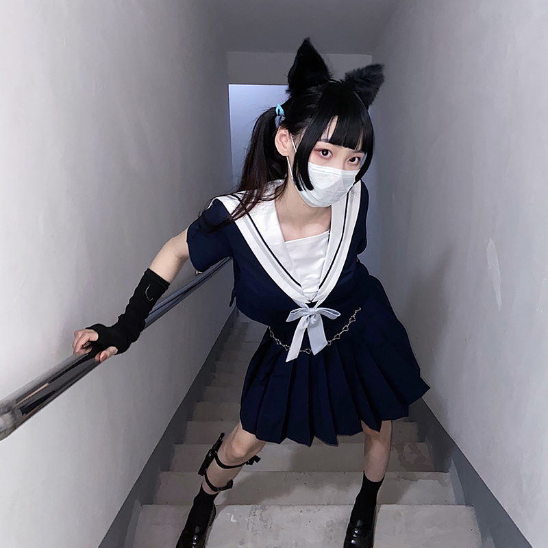 jk uniform suit summer skirt women's navy blue bad girl Japanese intermediate suit full set of college style small man