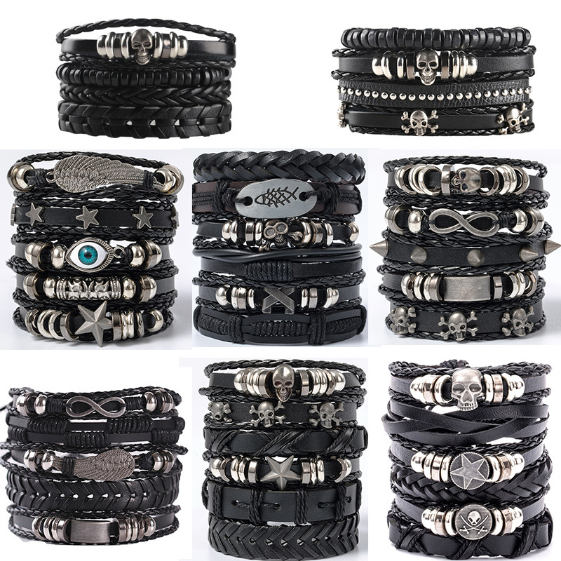 Cross-Border Men's DIY Braided Leather Bracelet Set, European and American Best-Selling Skull Bead Punk Style Combination Jewelry