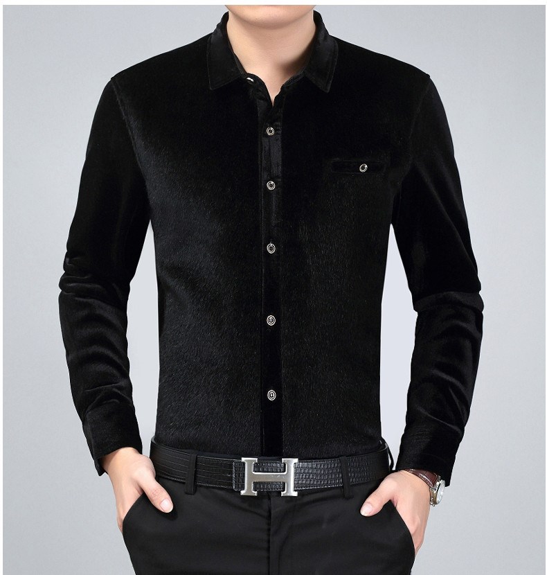 Tay áo trung niên ve áo màu rắn cộng với nhung dày trung niên nam giả lông chồn lông ấm áo bố áo sơ mi nam trung niên