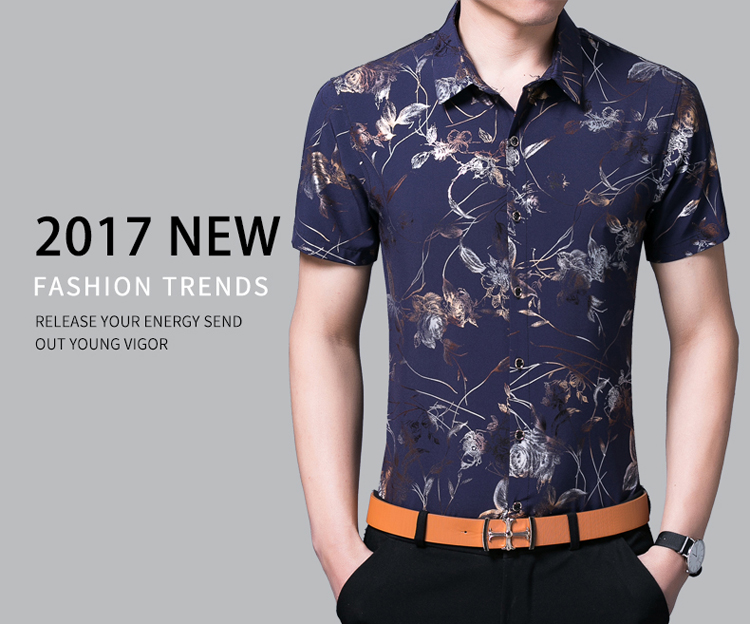 2017 mùa hè mới trung niên nam ngắn tay áo sơ mi lụa kinh doanh lỏng lẻo in hoa T-Shirt daddy