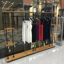 Wrought iron vintage clothing store display stand Floor-to-ceiling shelf combination clothing shelf Solid wood hanger hanging side hanging