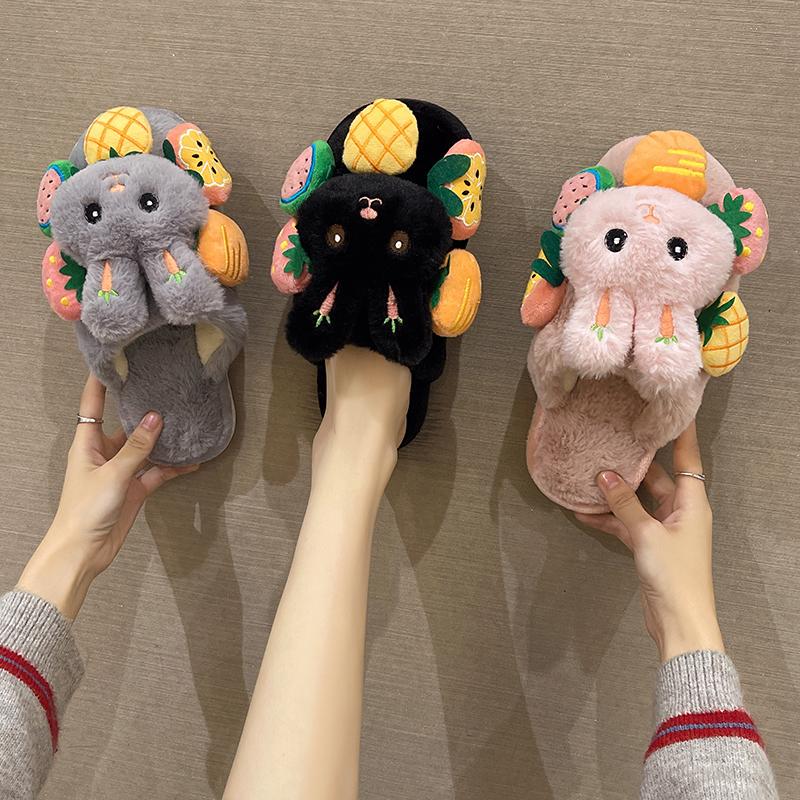 Cute Little White Rabbit Cotton Slippers for Women 2025 New Autumn and Winter Outdoor Wear Home Indoor Non-Slip Cartoon Furry Slippers