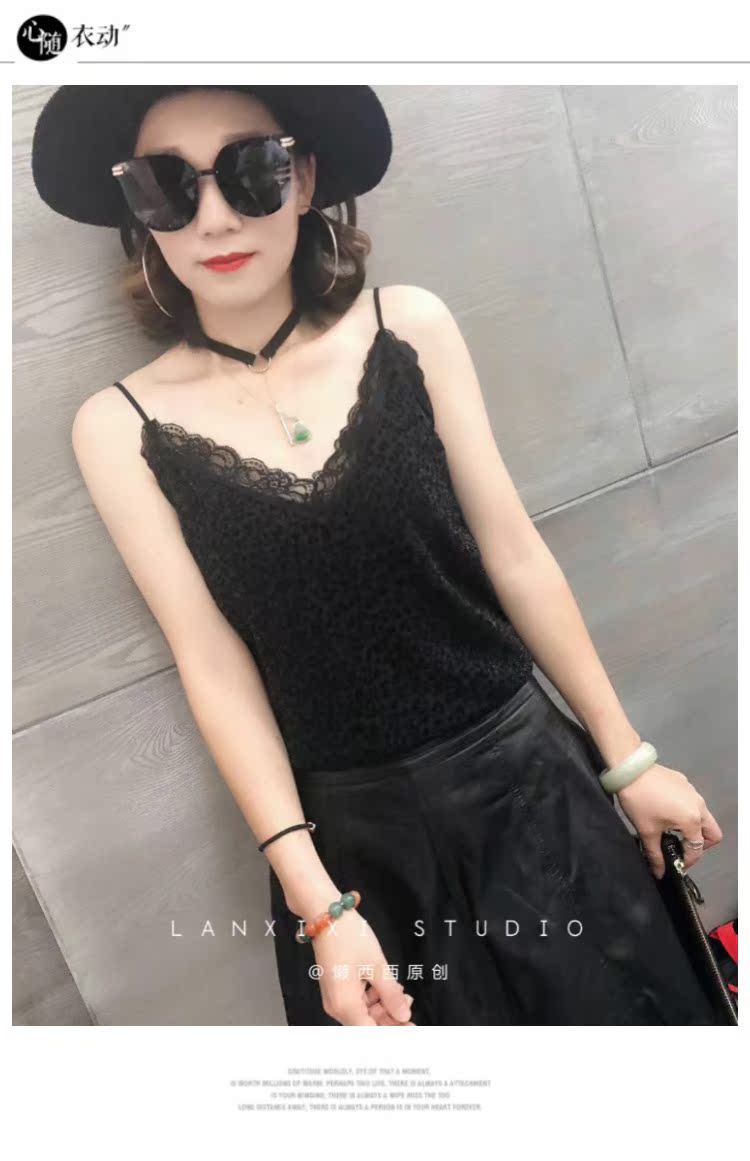 Deep V-cổ lông mi ren ren yếm nữ lụa sáng đổ xô đáy ngắn Hồng Kông hương vị retro chic áo sơ mi áo ba lỗ nữ cách điệu
