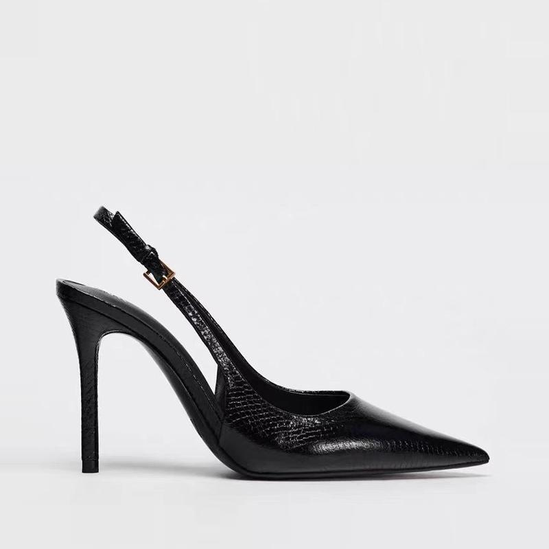 Za Black Snake Print Stiletto High Heels 2025 Spring New Pointed Toe Mules Sexy Ankle Strap Closed-Toe Sandals