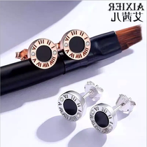 Black earrings female sterling silver temperament personality rose gold 2021 New si trend domineering simple male Roman numerals