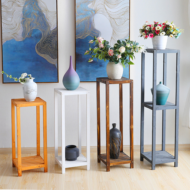 Indoor solid wood New Chinese flower shelf Living room Balcony on floor with multiple layers of wooden bonsai shelf Single