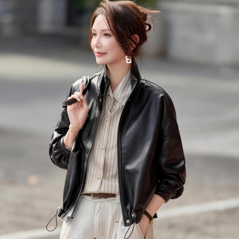 Haining Genuine Leather Stand Collar Short Leather Jacket for Women, Loose Biker Style, First Layer Sheepskin, Petite Casual Jacket