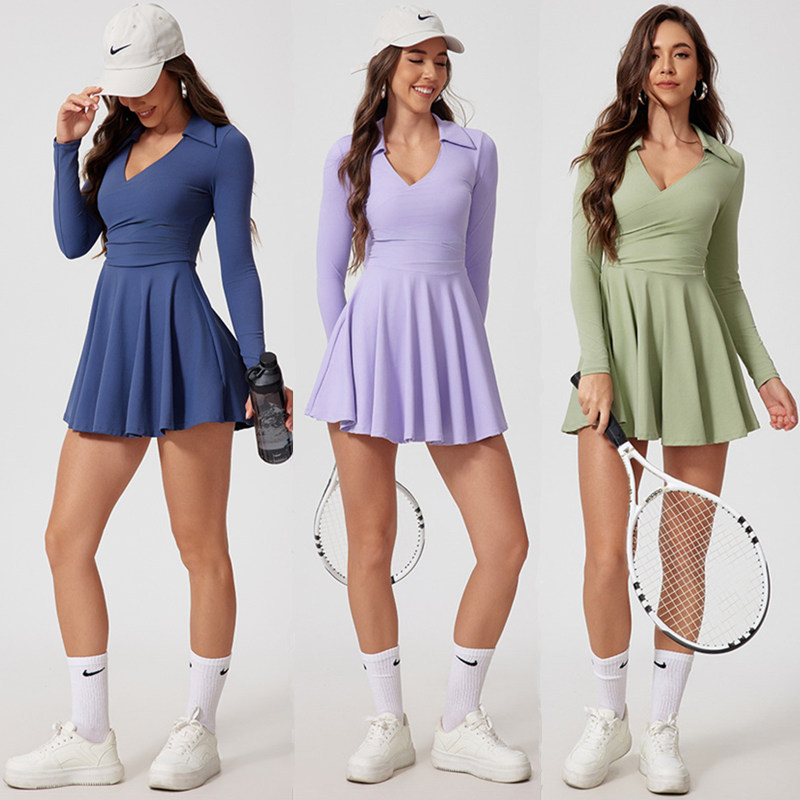 Fashionable Brand Long-Sleeved Sports Dress for Women, Spring and Summer Badminton Tennis Skirt, Golf Suit with Built-In Leggings