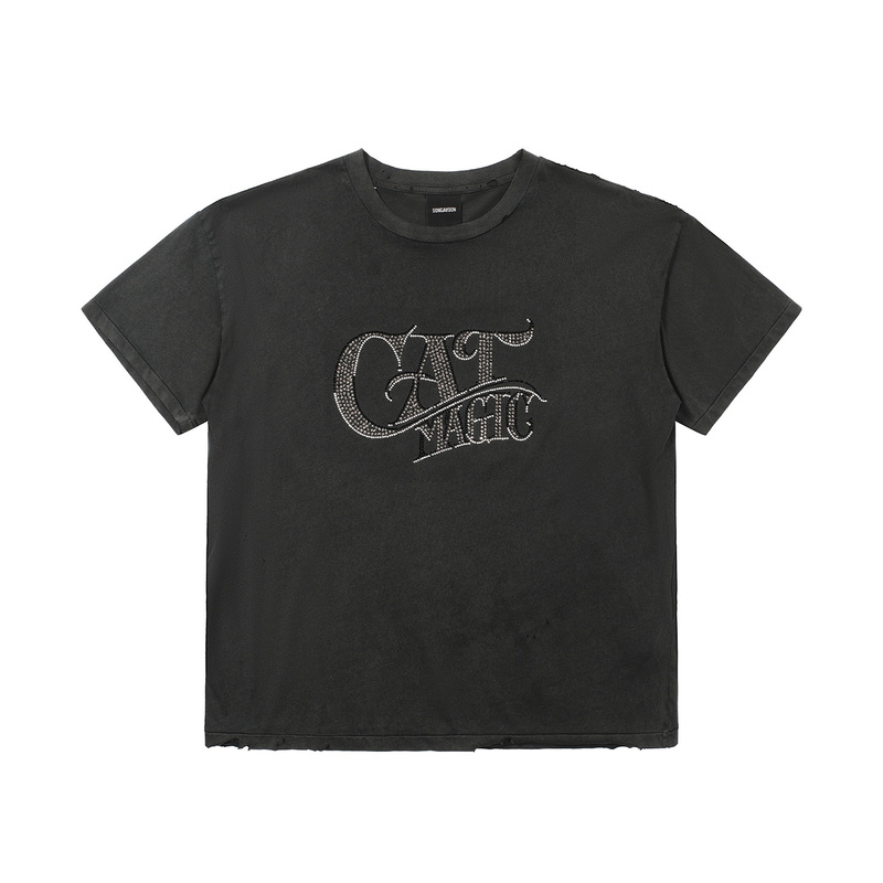 Songaadon 26Fw Short Wide Cat Magic Rhinestone Washed Faded T-Shirt