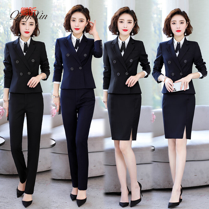 Black suit suit female spring temperament interview formal dress OL work clothes long-sleeved suit hotel manager overalls