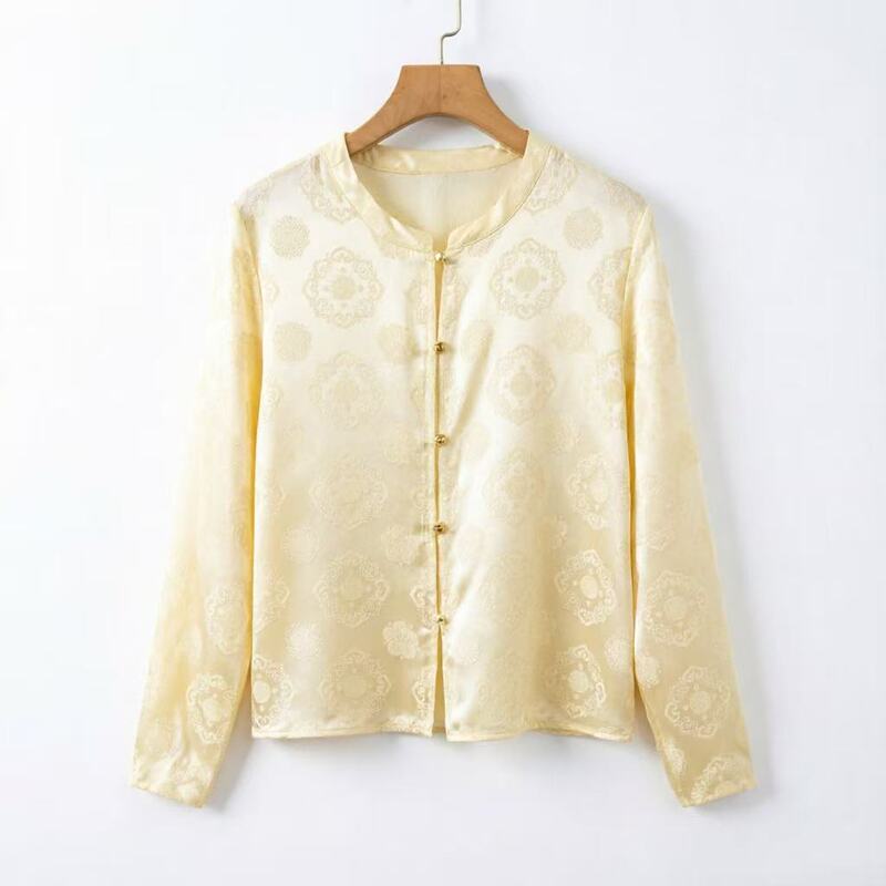 【100% Mulberry Silk】 (Copper Coin Pattern) Jacquard Chinese Style Spring/Summer New Chinese Style Silk Flared Long Sleeve Top t
