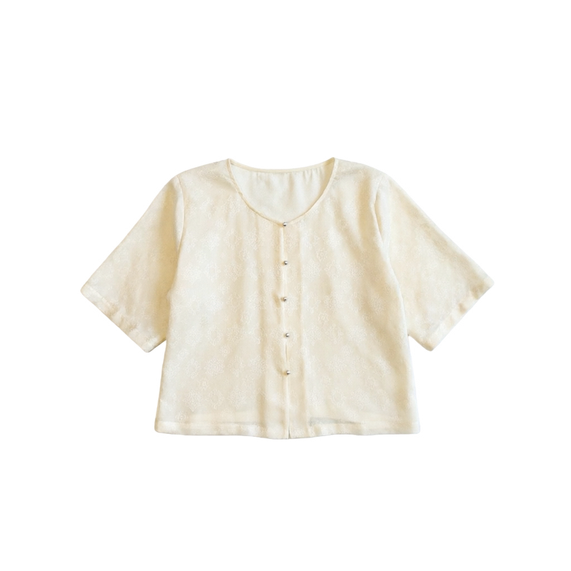 【100% Mulberry Silk】(Tang Beizi-Off-White) Spring/Summer Mulberry Silk Floral Mid-Sleeve Short Jacket Top t