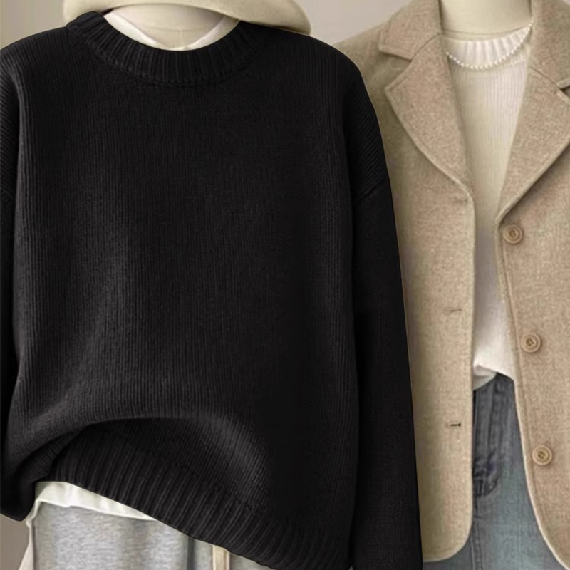 Black Round Neck Sweater for Women, Autumn and Winter Inner Layer, Loose and Lazy Knit Top for Petite Figures, Soft Pullover