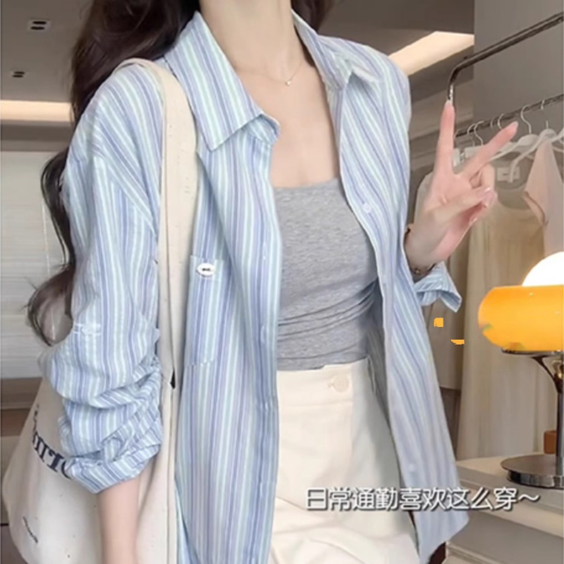 Blue Striped Shirt for Women, Summer Thin Style, Petite Size, Ice Silk Sun Protection Shirt, Loose Casual Cardigan Top Blue Striped Shirt for Women, Summer Thin Style, Petite Size, Ice Silk Sun Protection Shirt, Loose Casual Cardigan Top