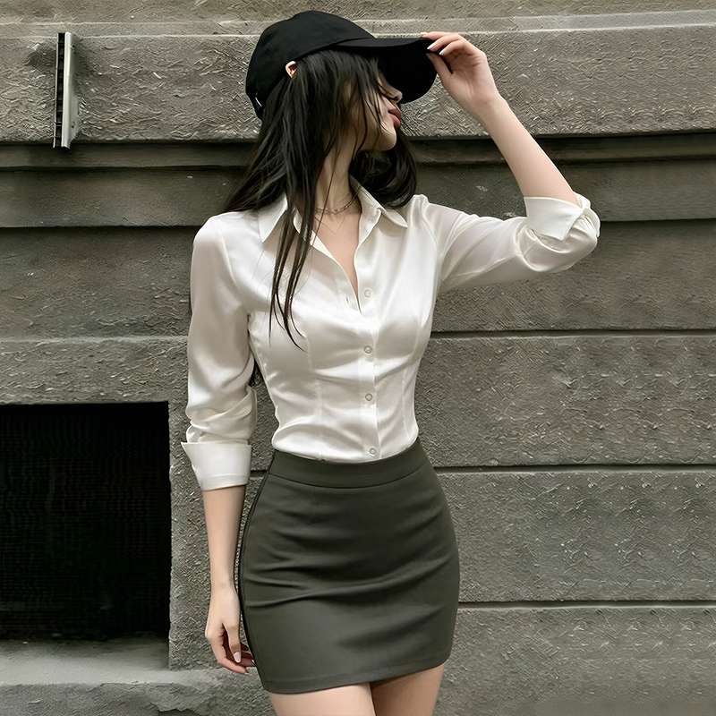 White Waist-Cinching Long-Sleeve Shirt for Women, Spring and Autumn, Petite, Slim-Fit, Satin Collar Shirt, Professional Commuting Interview Top White Waist-Cinching Long-Sleeve Shirt for Women, Spring and Autumn, Petite, Slim-Fit, Satin Collar Shirt, Professional Commuting Interview Top