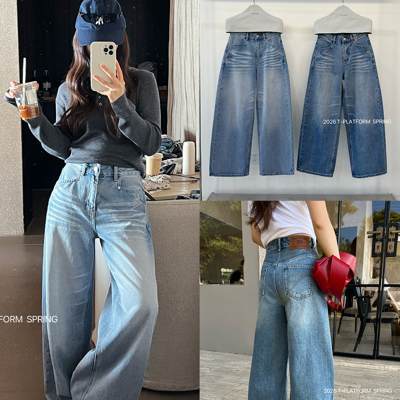 Thirteen Lines T-Platform68012 Spring Wide-Leg Jeans for Women with Firecracker Pattern Loose Floor-Length Jeans