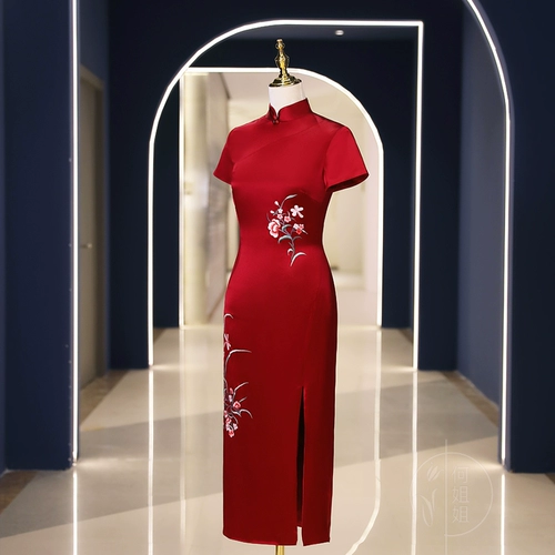 Красное цветное ципао, элегантное свадебное платье для матери, вечернее платье