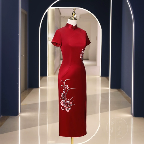 Красное цветное ципао, элегантное свадебное платье для матери, вечернее платье