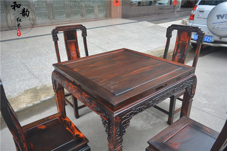 стол со стульями 红木家具老挝大红酸枝四方桌棋牌桌休闲桌交趾黄檀国色天香五件套 Other