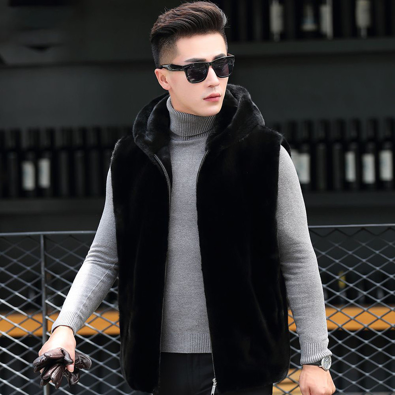 Haining Fur Men's Vest American Full Mink Hooded Vest Mink Coat Imitation Mink Stylish Fur Jacket Haining Fur Men's Vest American Full Mink Hooded Vest Mink Coat Imitation Mink Stylish Fur Jacket