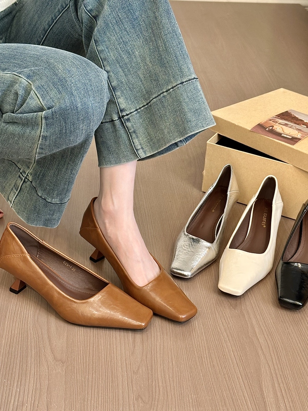 Titing Spring Vintage Vibe! Elegant Square-Toe Shallow Mouth Kitten Heel Single Shoes for Women, Spring 2026 Commuter Stiletto High Heels