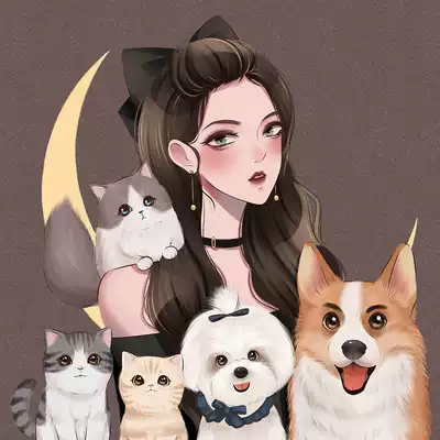 Cold moon Q version hand-painted avatar design couple cartoon cute pet photo wedding gift comic portrait customization