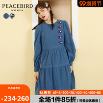 Taiping bird corduroy round neck floral dress female 2021 Winter new three-dimensional small flower Loose Doll dress